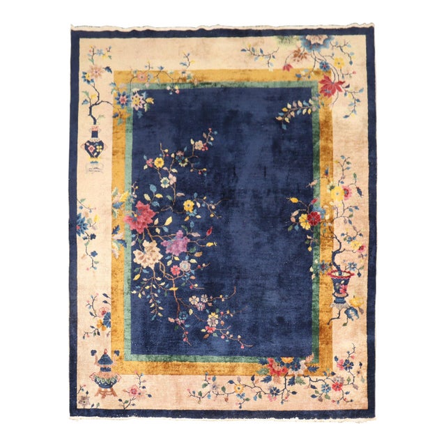 Floral Chinese Art Deco Carpet, 7' X 8'9'' For Sale