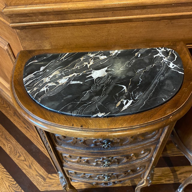 Two beautiful vintage black marble top and wood night stands or accent table stands