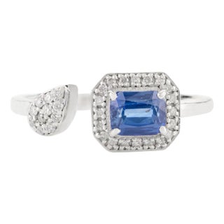 Octagon Cut Sapphire Diamond Cluster Wedding Ring 14k Gold Size 5.5 For Sale
