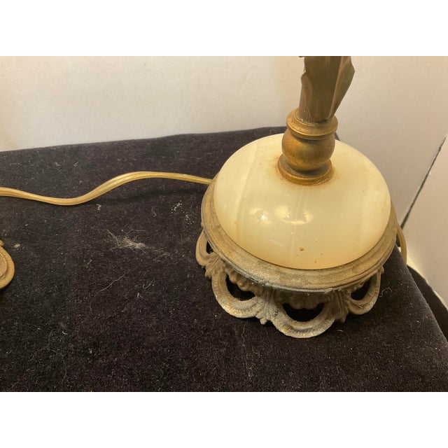 Metal Early 20th Century Italian Metal & Marble Decorative Table Lamps With Metal Flowers - a Pair For Sale - Image 7 of 10