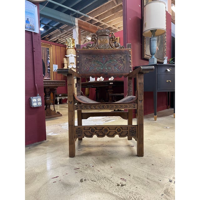 Early 20th Century Early 20th Century Spanish Revival Leather Throne Chair For Sale - Image 5 of 6