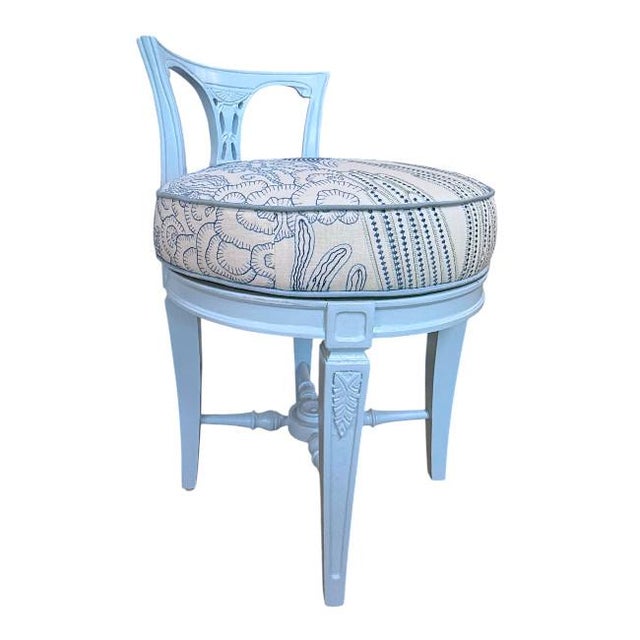 Vintage Vanity Stool in Benjamin Moore Soft Sky Blue With Cowtan & Tout Upholstery For Sale - Image 9 of 12