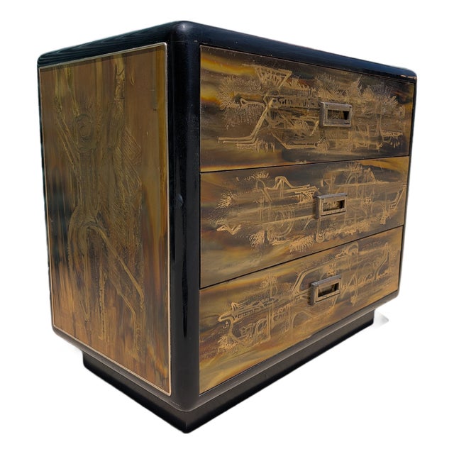 1970s Acid-Etched Brass & Ebony Lacquer Chest by Bernhard Rohne for Mastercraft For Sale