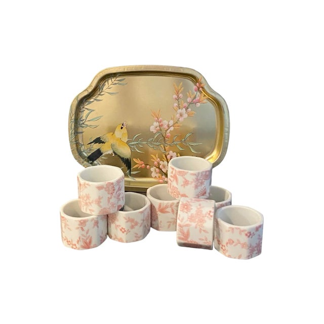 Japanese Vintage Japanese Pink and White Ceramic Napkin Rings With English Tin Tray - Set of 9 For Sale - Image 3 of 10