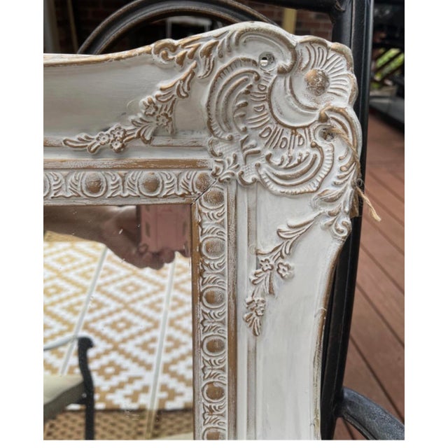 French Country Wall Mirror Features a Heavily Distressed White Frame With Gold Trim For Sale - Image 13 of 15