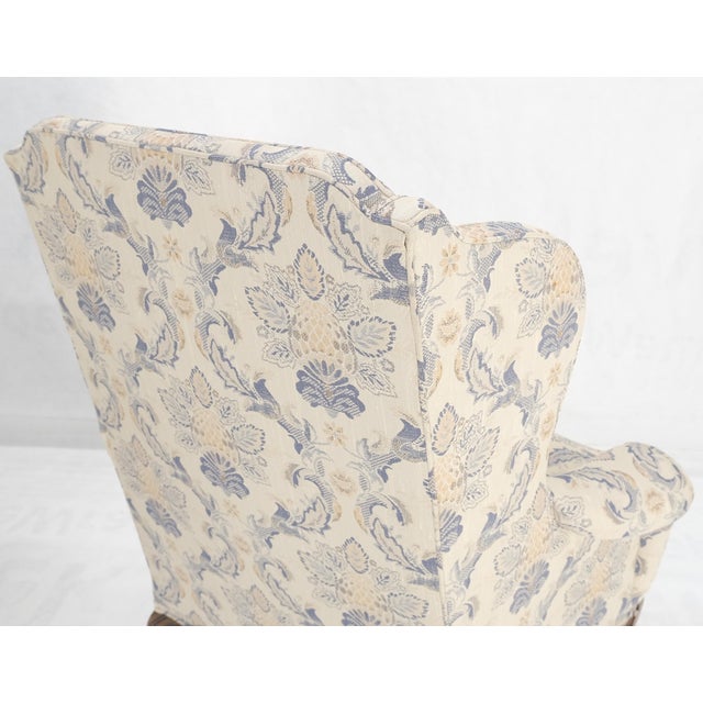 Queen Ann Carved Walnut Bases Blue & White Upholstery Arm Chairs - A Pair For Sale - Image 9 of 12