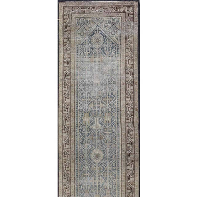 Long Antique Persian Malayer Runner in Gray, Blue, Green With All-Over Design For Sale - Image 4 of 13