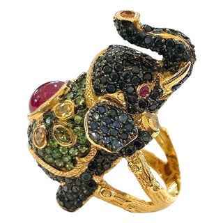 Bochic "Orient" Ruby, Emerald & Sapphire Elephant Rings Set In 18K Gold & Silver For Sale