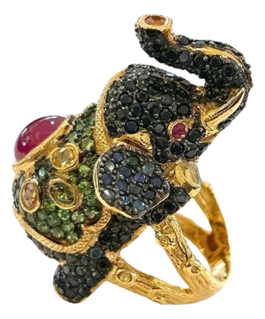 Bochic "Orient" Ruby, Emerald & Sapphire Elephant Rings Set In 18K Gold & Silver