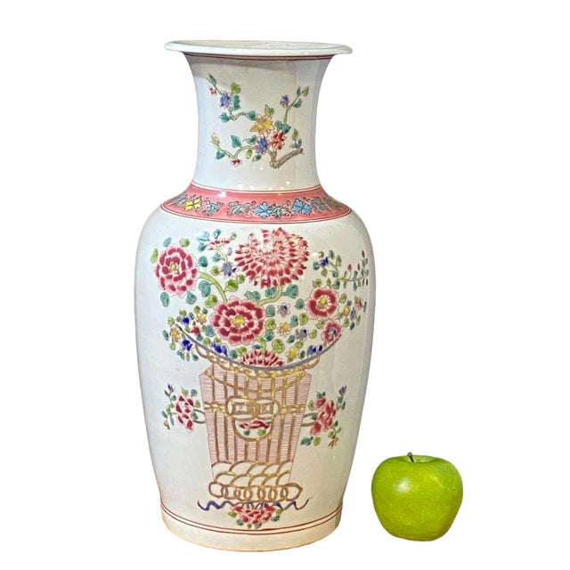 1980s Vintage Chinoiserie Porcelain Famille Rose Style Vase 16" H For Sale - Image 5 of 9