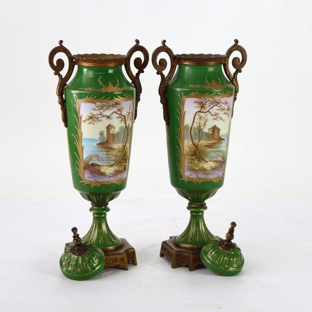 Late 19th Century Pair Antique Limoges Porcelain & Ormolu Covered Urns With Genre Scenes C1890 For Sale - Image 5 of 8
