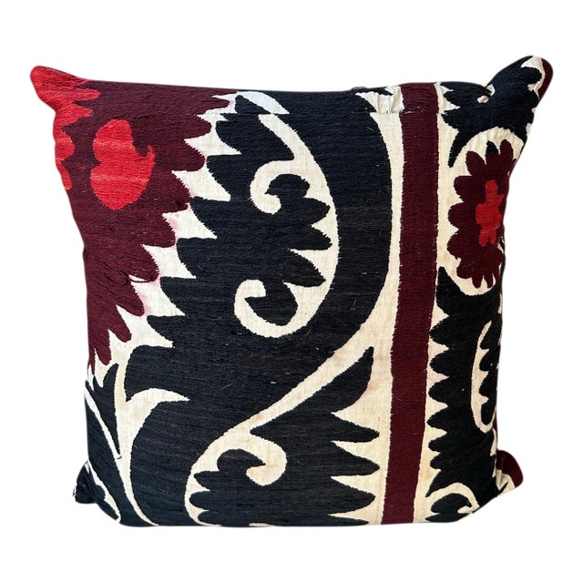 Antique Suzani and Ticking Pillow For Sale