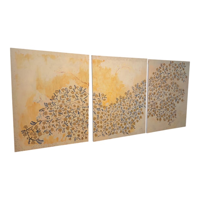 Large-Scale Original Triptych, Gold Botanical — Three-Panel Statement Painting For Sale