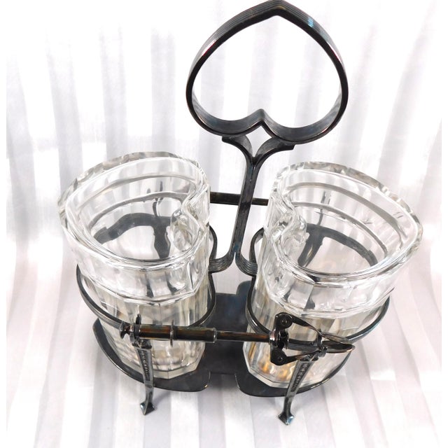 Transparent 1920s Cut Crystal Heart Shaped Epns Two Jar Condiment Set With Rack and Serveware For Sale - Image 8 of 9