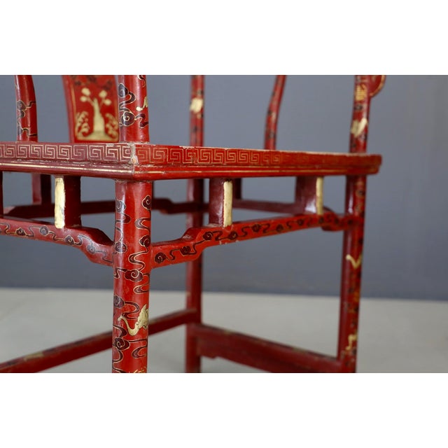Set of Antique Red and Gold Lacquered Wood Lounge Chairs For Sale - Image 5 of 6