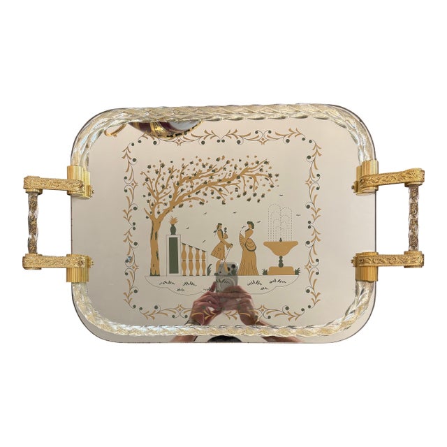 Antique Italian Venetian Mirror Tray With Gilt Metal Handles and Gold Flecking For Sale
