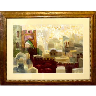 David Rakia, Jewish Mystical Kabbalah Oil Painting Jerusalem Cityscape Hebrew Letters Judaica, c.1960's For Sale