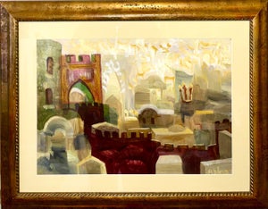 David Rakia, Jewish Mystical Kabbalah Oil Painting Jerusalem Cityscape Hebrew Letters Judaica, c.1960's