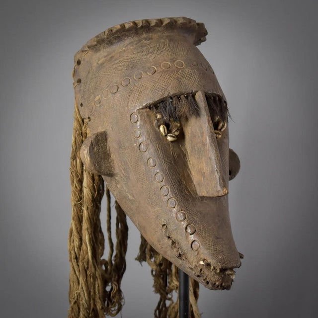 Wood Early 20th Century Bamana Kore Fetish Mask With Cowrie Shell And Horse Hair Mali For Sale - Image 7 of 9