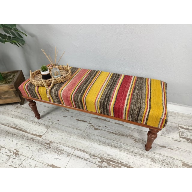 Wood Handmade Colorblock Kilim Upholstered Bench For Sale - Image 7 of 10