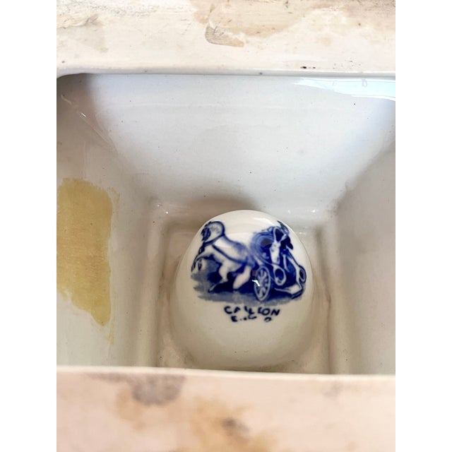 Blue Antique English Blue & White Transferware Pyramidal Inkwell With French Glass Insert & Quill For Sale - Image 8 of 14