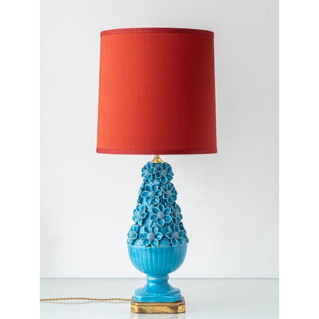 Hand-Carved Turquoise Floral Ceramic Table Lamp with Silk Lampshade from Manises, Spain, 1960s For Sale - Image 16 of 16