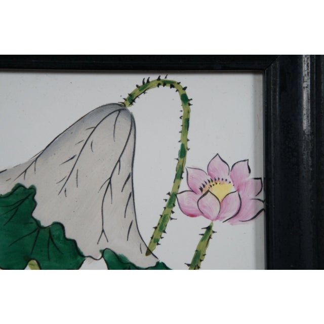 Mid 20th Century Vintage Framed Hand Painted Porcelain Chinese Water Lily Lotus Flower Tiles For Sale - Image 6 of 9