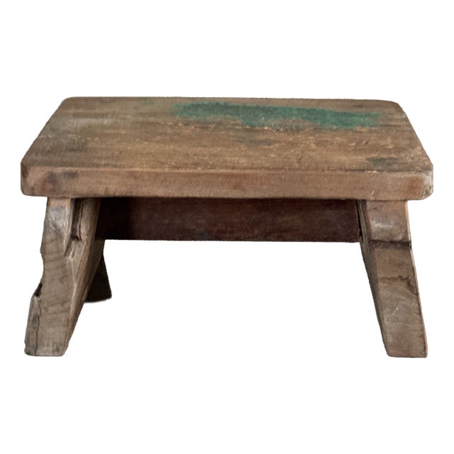 Small Occasional Stool in Upcycled Teak with Traces of Green Chrome on the Top, 1990s For Sale