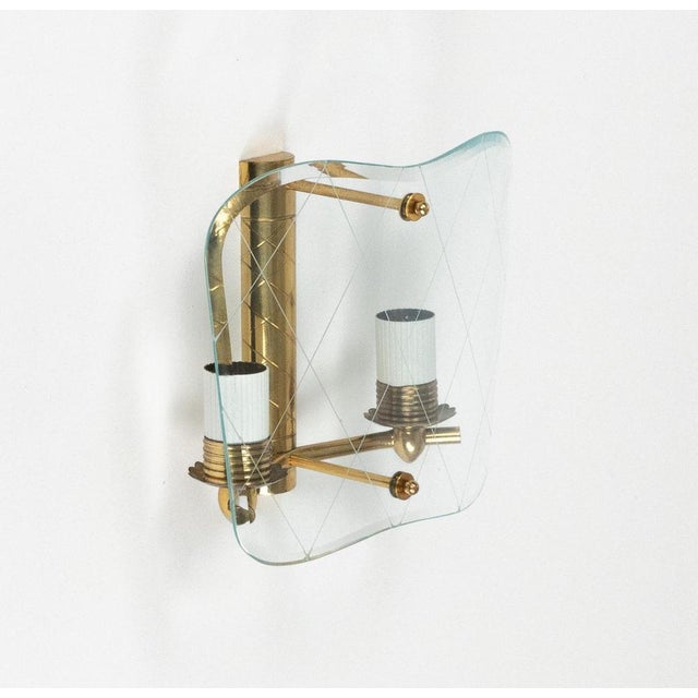 Mid-Century Brass & Curved Glass Sconces in the style of FontanaArte, Italy, 1950s, Set of 3 For Sale - Image 9 of 18