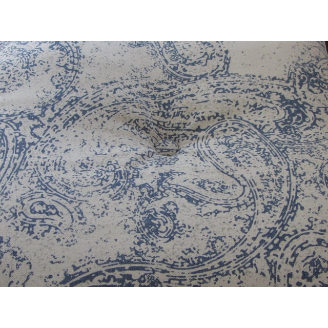 Blue & White Upholstered Rattan Ottoman For Sale - Image 4 of 6