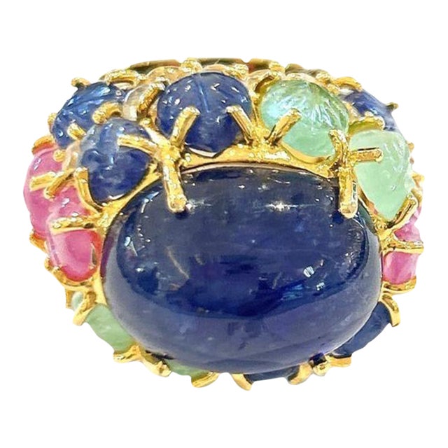 Bochic “Orient” Sapphire, Emerald & Ruby Cocktail Ring Set in 18k Gold & Silver Size 8 For Sale