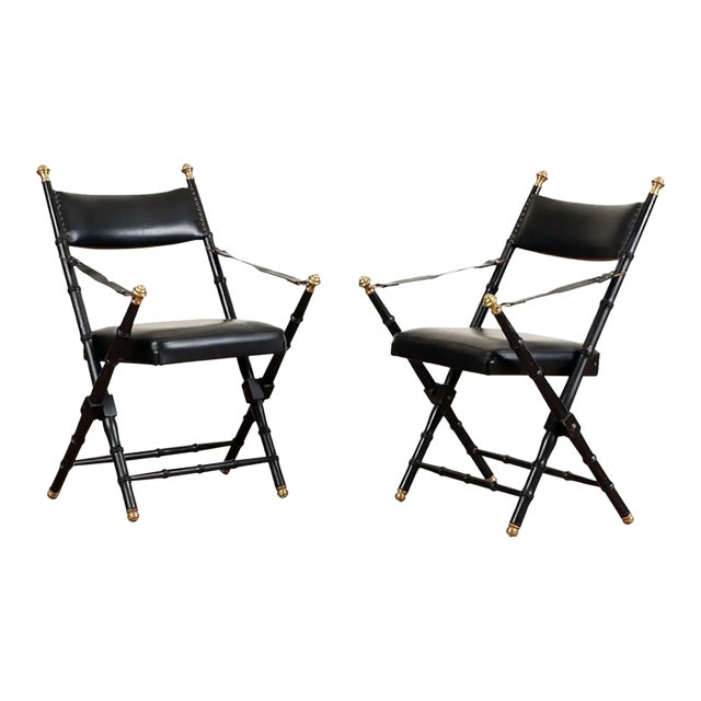 French Campaign-Style Leather Folding Chairs With Faux-Bamboo Frames - a Pair For Sale