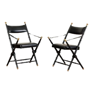 French Campaign-Style Leather Folding Chairs With Faux-Bamboo Frames - a Pair