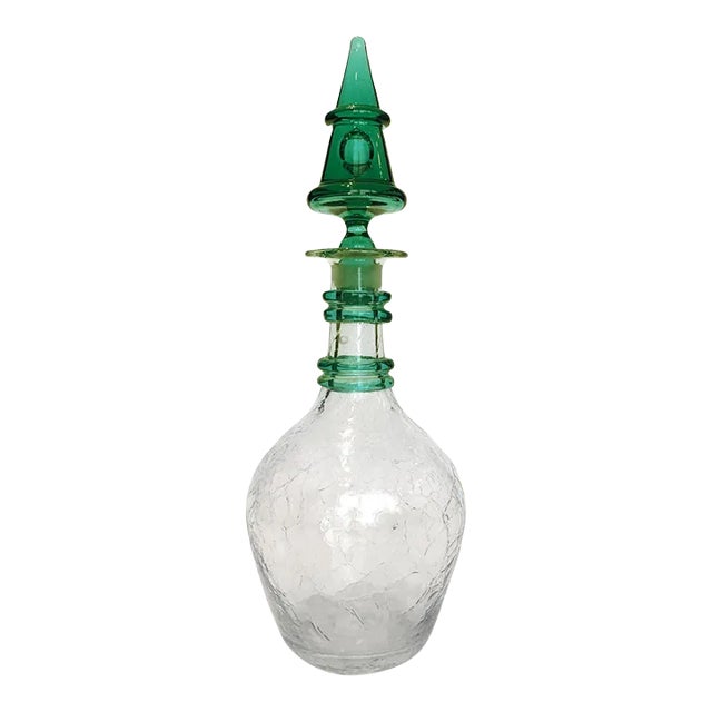 Blenko Clear Crackle With Emerald Green Stopper, Circa 1930s For Sale