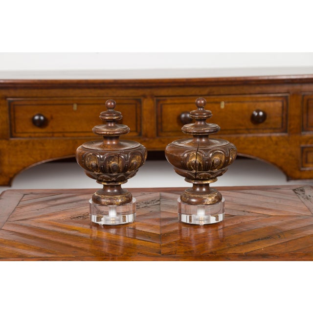 Early 19th Century Pair of Italian 1800s Walnut Fragments Carved in the Front, with Lucite Bases For Sale - Image 5 of 8