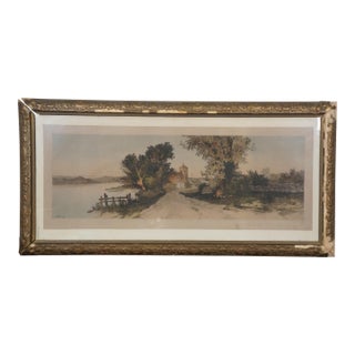 Late 19th Century Antique Ernest C Rost a Bend in the River Colored Landscape Etching 40" For Sale