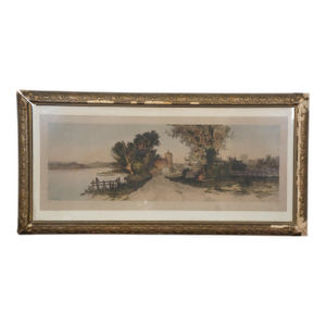Late 19th Century Antique Ernest C Rost a Bend in the River Colored Landscape Etching 40"