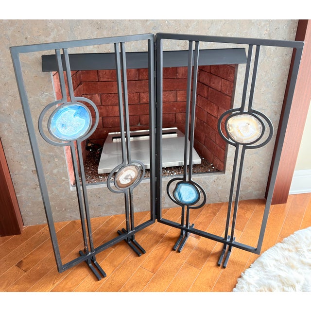 Mid-Century Modern Vintage Modern Black Iron Fireplace Screen With Blue & White Agate Stone Insets For Sale - Image 3 of 10