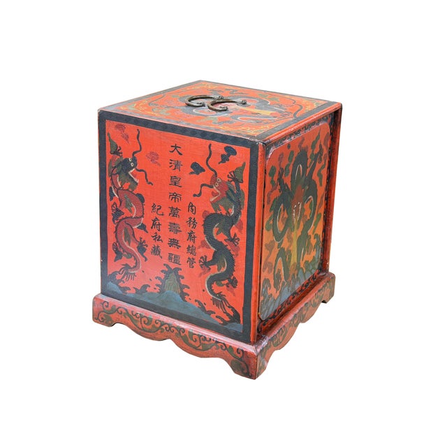 Vintage Distressed Chinese Red Dragon Graphic Drawers Chest For Sale - Image 4 of 14