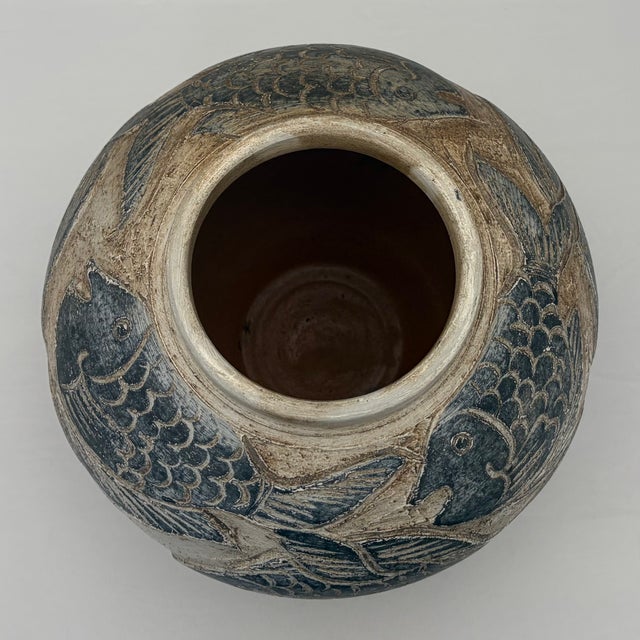 Vintage Asian-Style Ceramic Vase With Raised Relief Fish Motif For Sale - Image 12 of 13