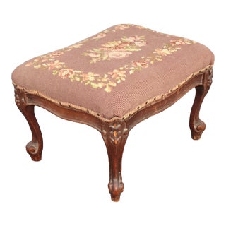 Vintage French County Brown Floral Tapestry Footstool For Sale