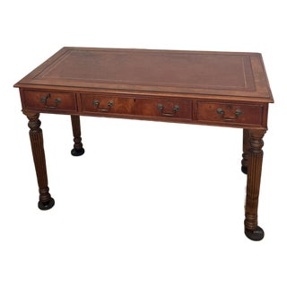 Vintage Regency-Style Figured Yew & Tooled Leather Writing Desk For Sale