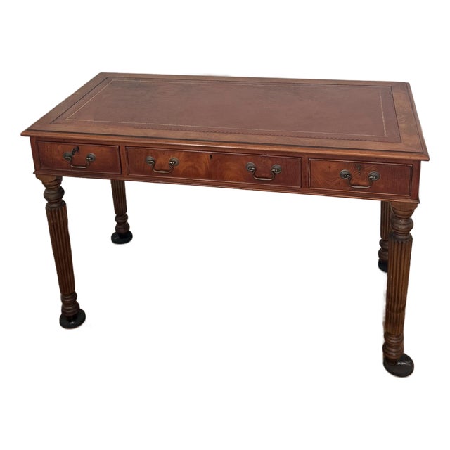 Vintage Regency-Style Figured Yew & Tooled Leather Writing Desk For Sale