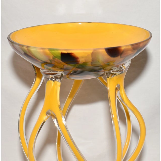 1990s Vintage MCM Jozefina Krosno Hand Blown Jelly Fish Compote Yellow Cased Glass Bowl For Sale - Image 5 of 5
