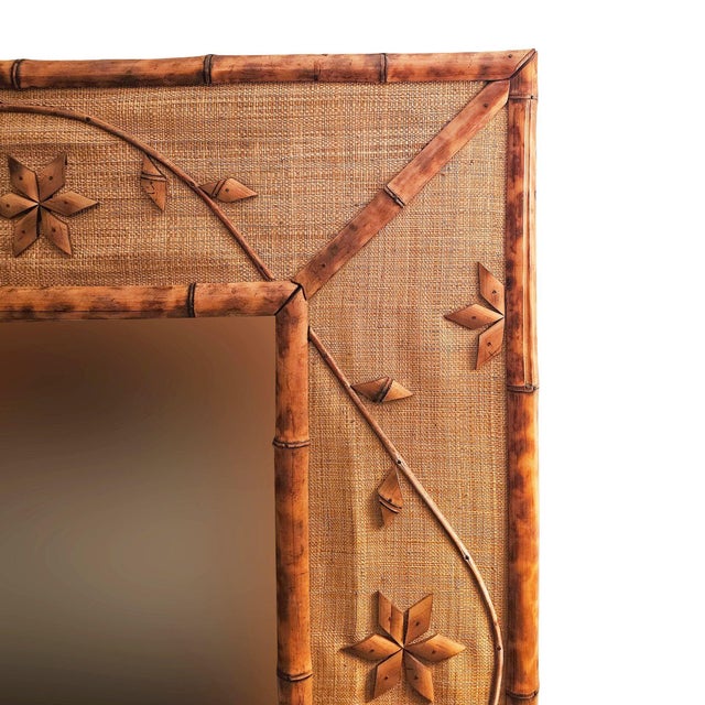 1960s Italian Coastal Carved Ornate Bamboo & Rice Mat Riviera Wall Mirror For Sale - Image 4 of 6