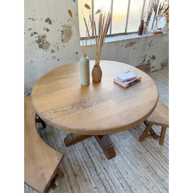 Vintage Round Oak Table and Benches, 1950s, Set of 3 For Sale - Image 12 of 18