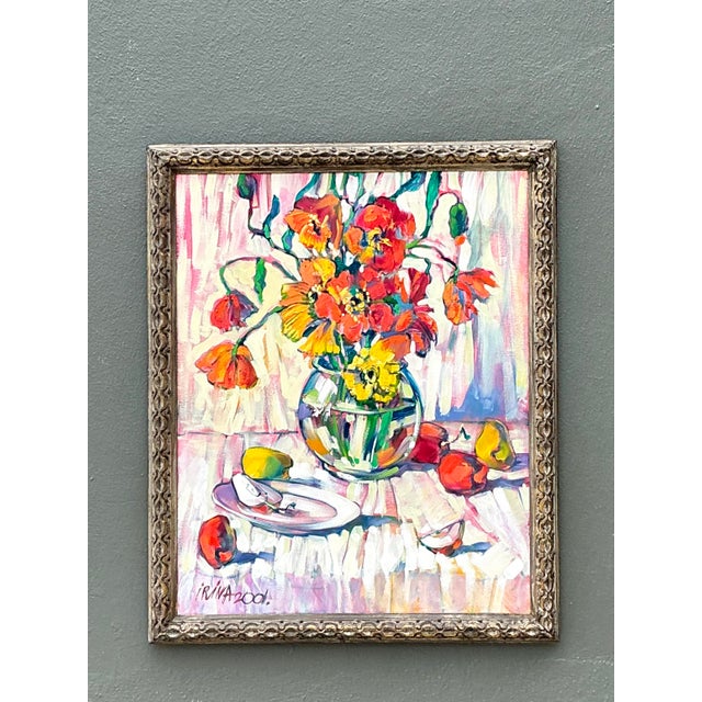 Wood Vintage Original Oil on Canvas Floral Painting For Sale - Image 7 of 12