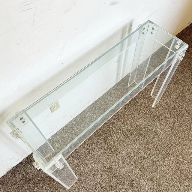 Glass Postmodern Bolted Lucite and Inlaid Glass Top Console Table For Sale - Image 7 of 7