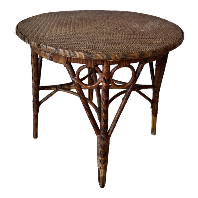 Vintage Boho Chic Bamboo and Rattan Round Accent Table For Sale