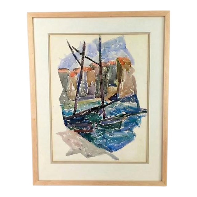 "Two Boats at the Quay" Vintage 1932 Watercolor Painting by J.B. Houser For Sale